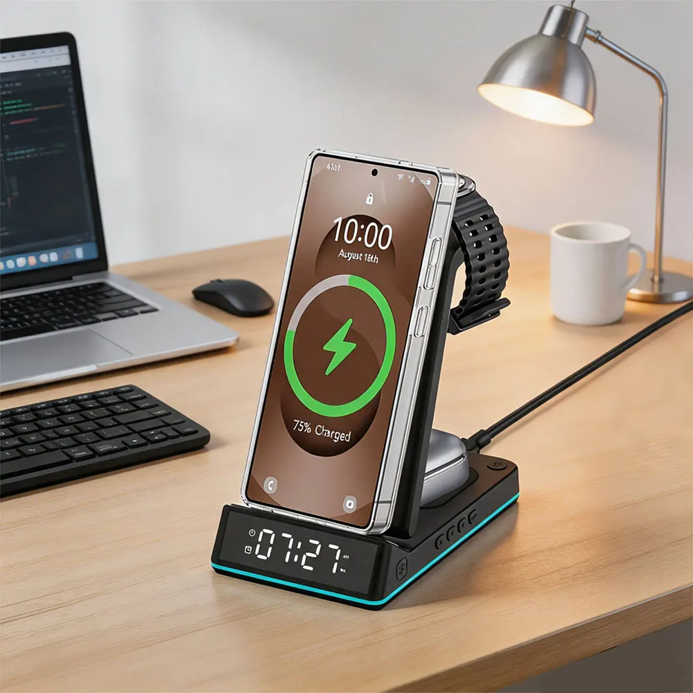4-in-1 Wireless Charger Stand  - đánh giá và giá Digital Alarm Clock
