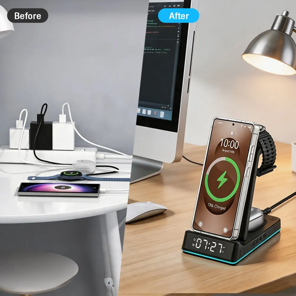 4-in-1 Wireless Charger Stand  - đánh giá và giá Digital Alarm Clock